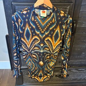 FARM Rio Navy Ikat Print Long Sleeve Top with Teal & Mustard Accents